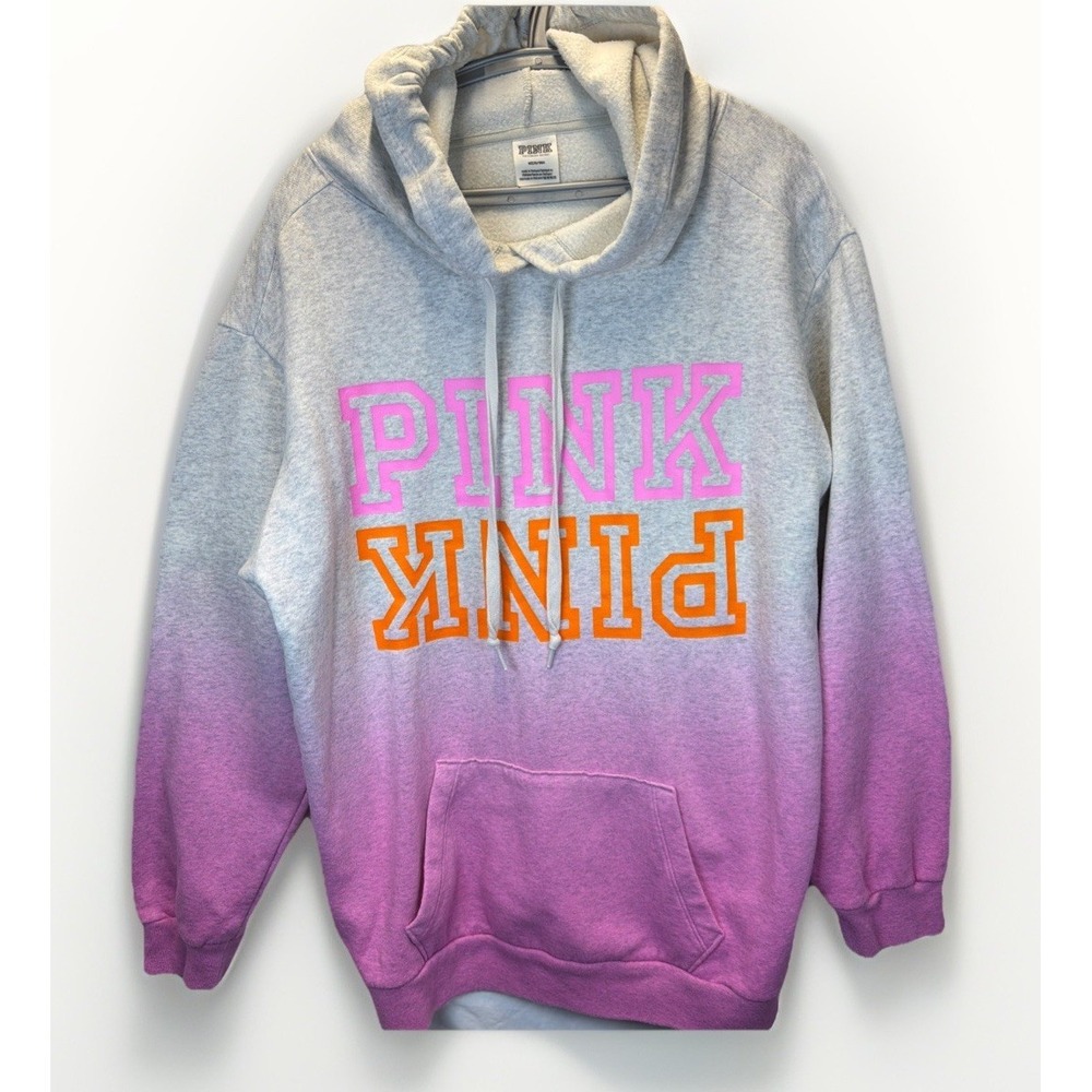 Victoria's Secret PINK‎ Gray Pink Ombre Logo Campus Pullover Hoodie Medium